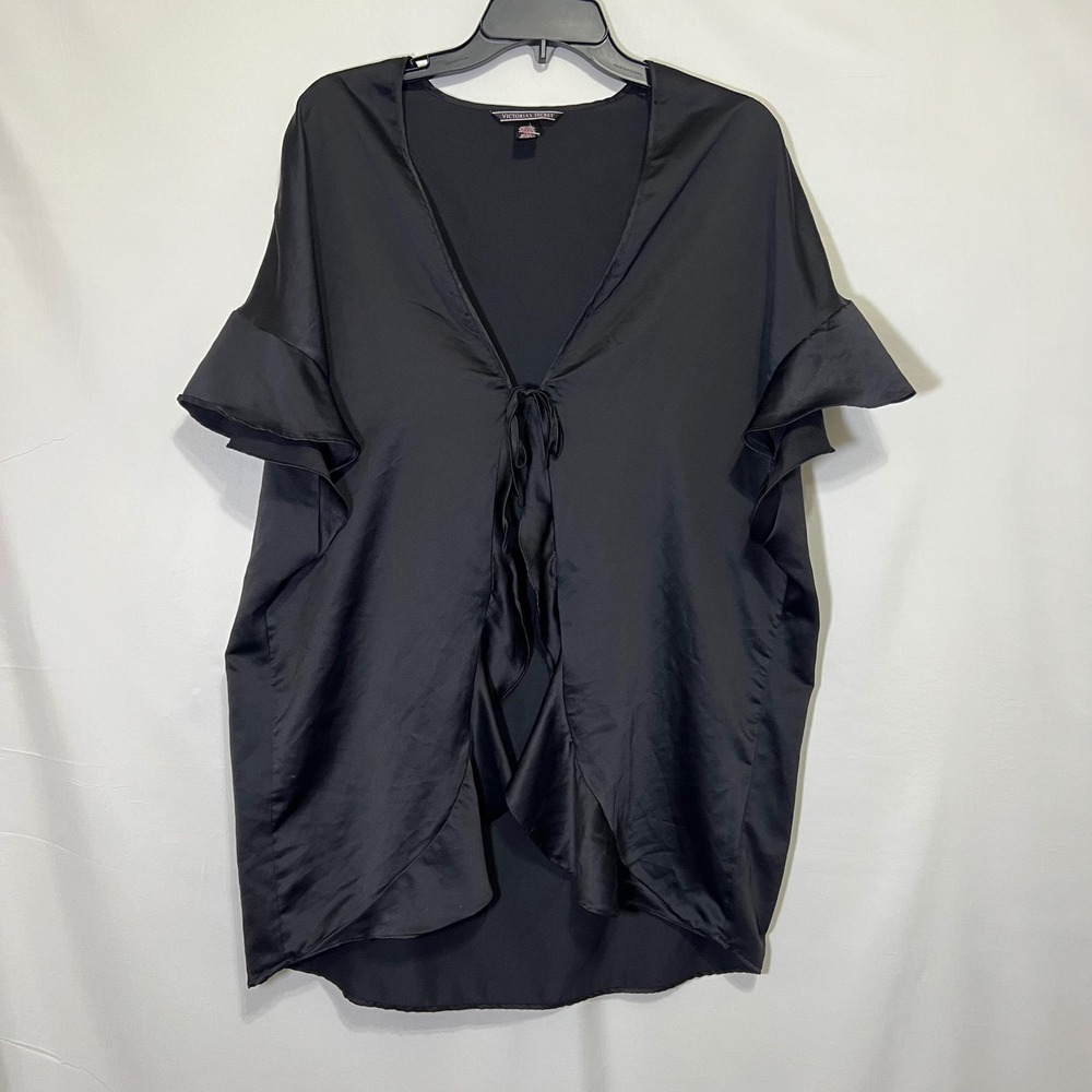 Victoria Secret Black Satin Ruffle Kimono Robe One Size Lingerie